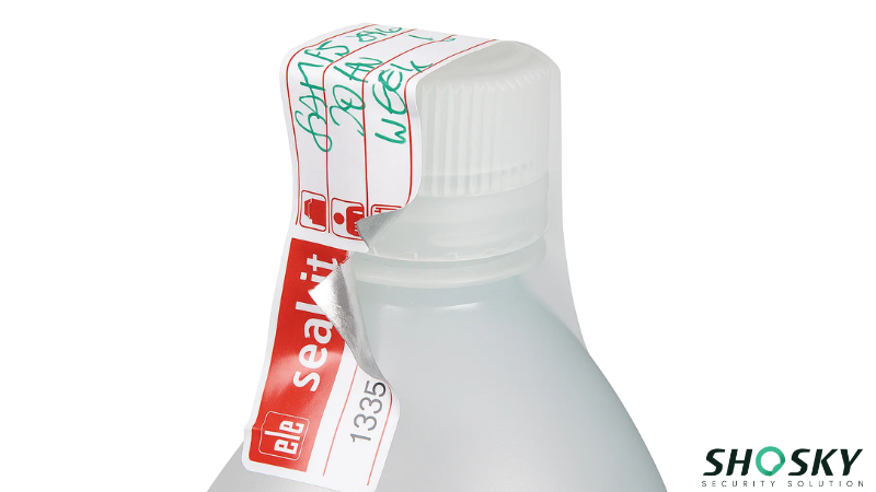 White security seal labeled “seal-it” applied to specimen bottle for integrity