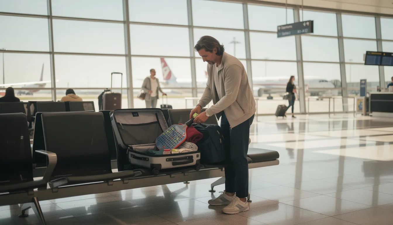 A passenger is seen organizing their pickleball paddle and sports equipment inside carry on luggage at an airport terminal, ensuring compliance with airline regulations. The scene highlights the importance of packing tips and protective cases for traveling with larger items like pickleball paddles while preparing for a trip.