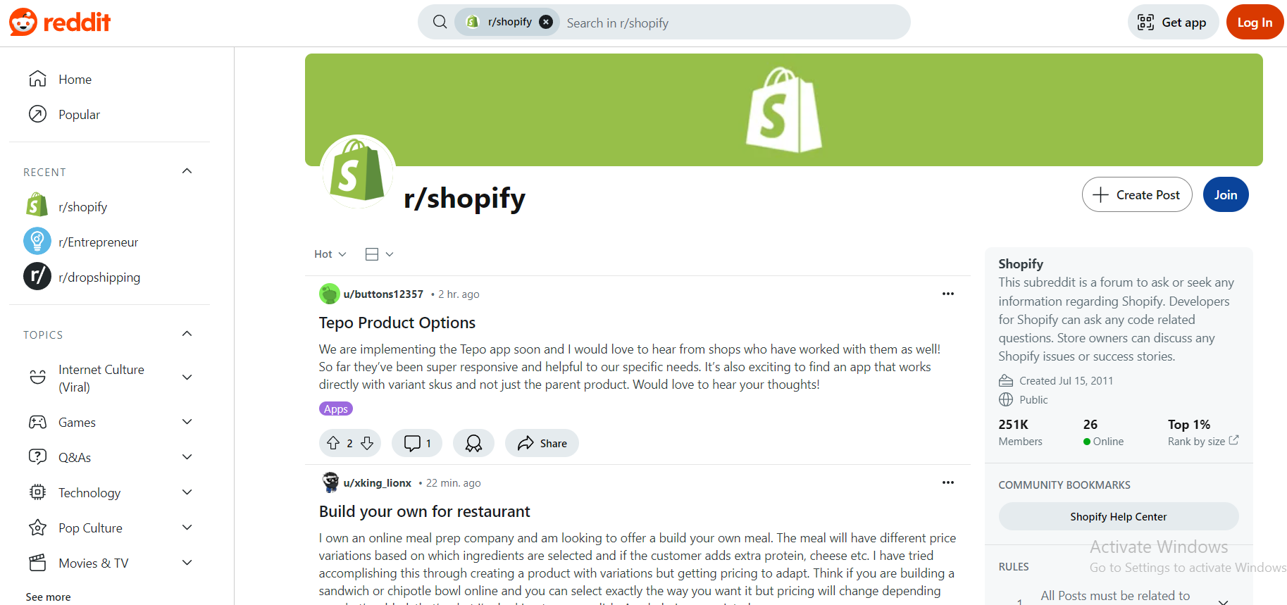 The r/Shopify subreddit, with over 251,000 members, focuses on all things related to running a Shopify store.