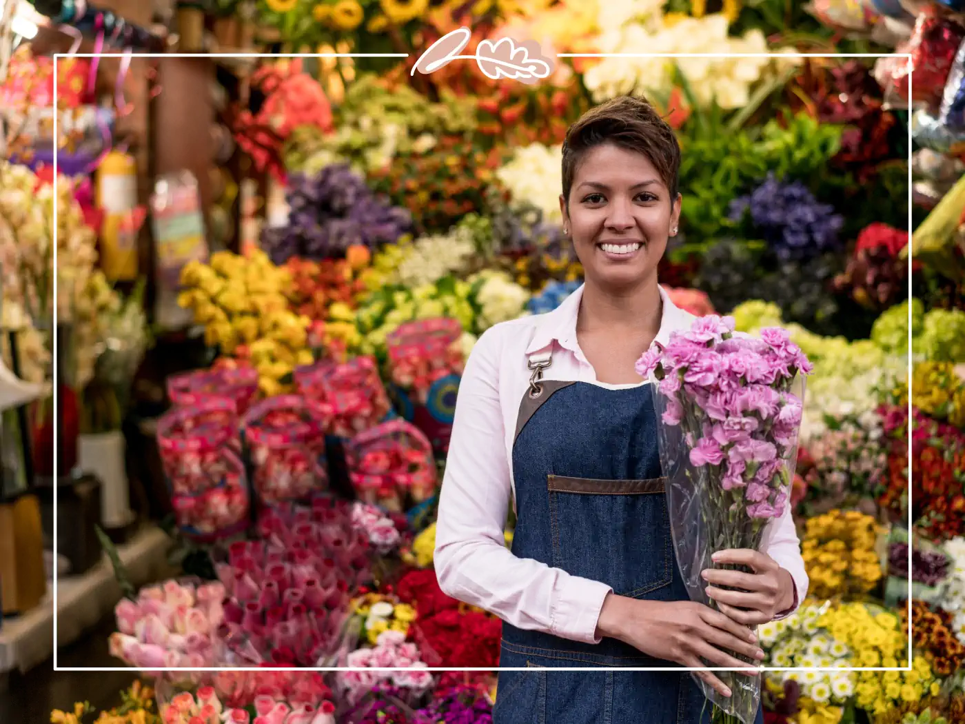 Woman standing in front of colorful flowers holding a bouquet of pink flowers - Fabulous Flowers and gifts