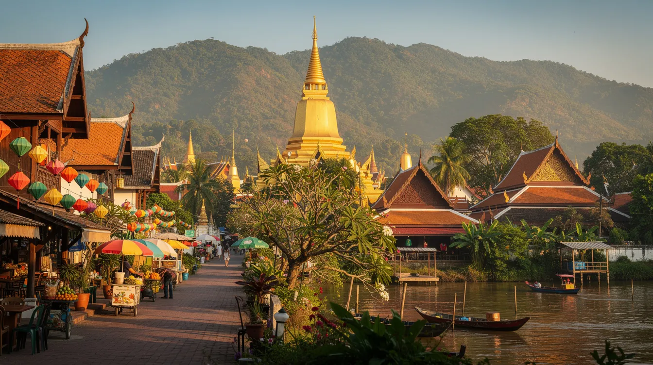 A imagem retrata uma bela vista de Chiang Mai durante o verão, com montanhas verdes ao fundo e um céu azul claro, criando um cenário perfeito para turistas que visitam a Tailândia. A vegetação exuberante e o clima ensolarado destacam a beleza natural da região, ideal para passeios e atividades ao ar livre.