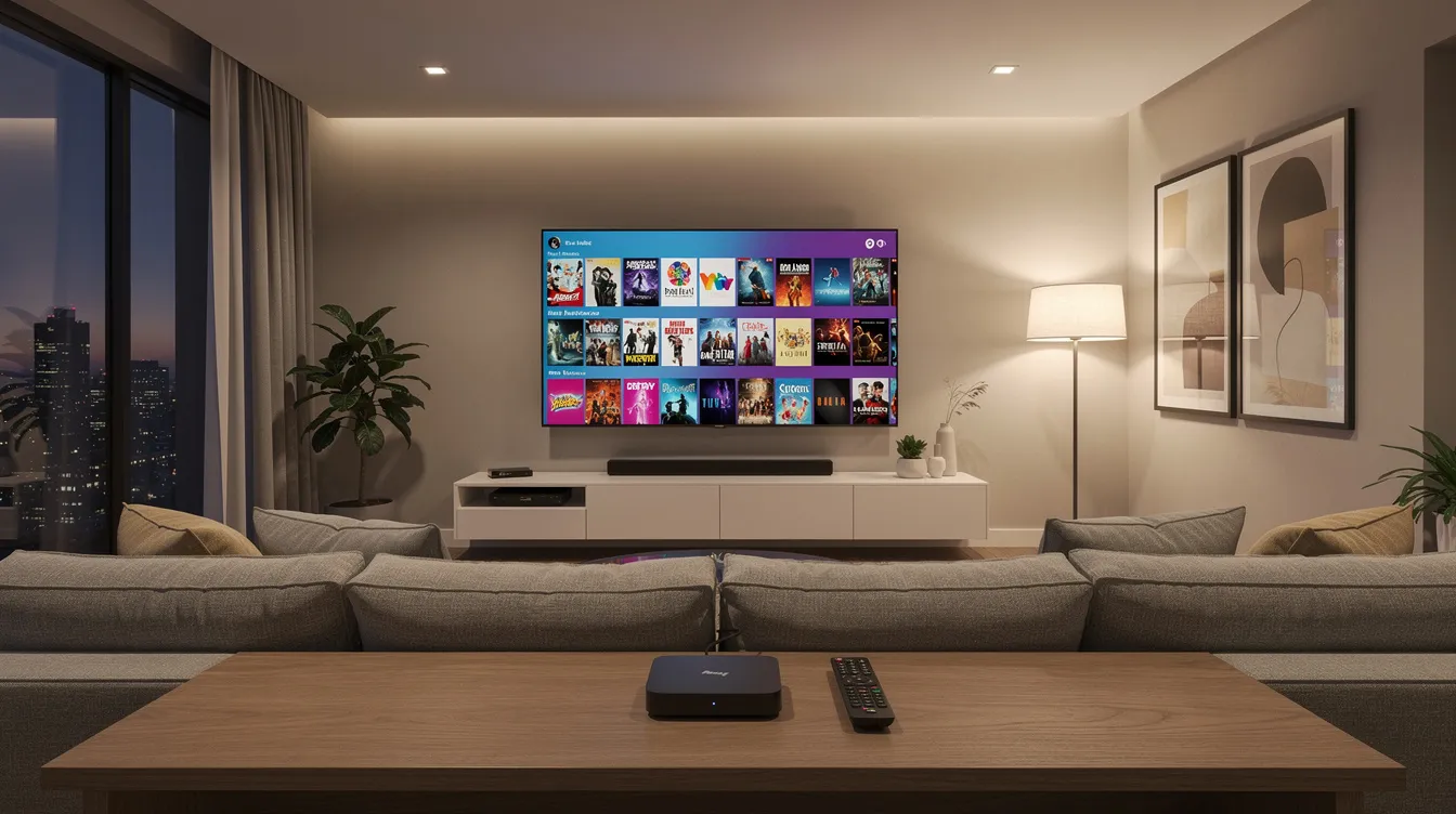 The image depicts a modern living room featuring a large flat screen TV showcasing a colorful channel grid, indicative of a premium IPTV service. On the coffee table, a streaming device and remote are positioned, suggesting a setup for watching live TV channels and on-demand content with a reliable internet connection.