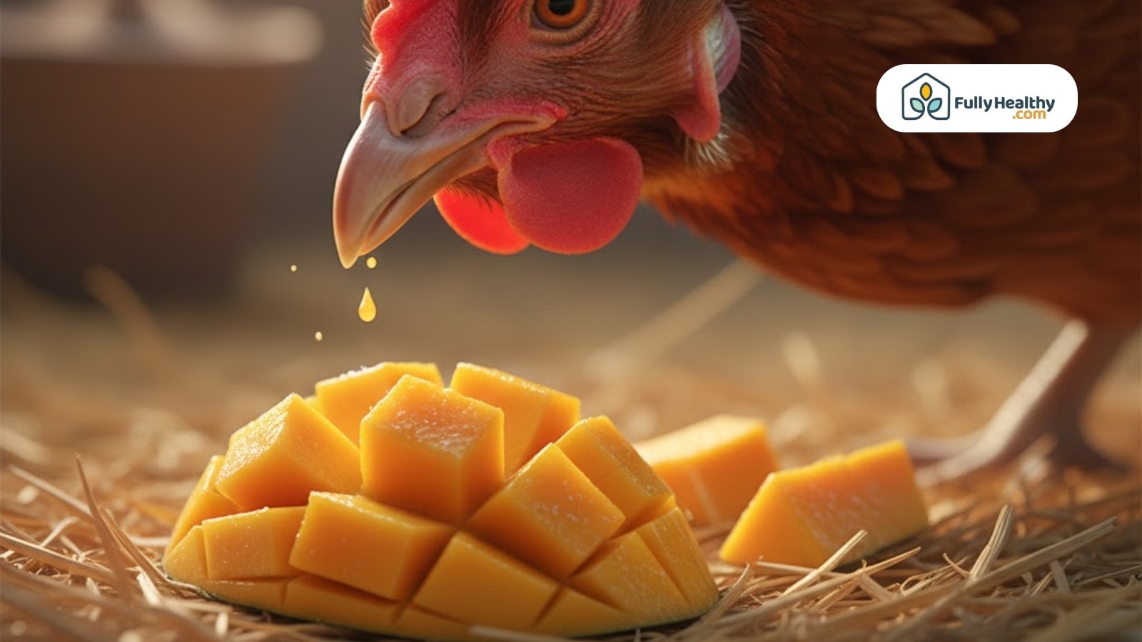 Close-up of chicken pecking juicy mango cubes with droplets falling from beak