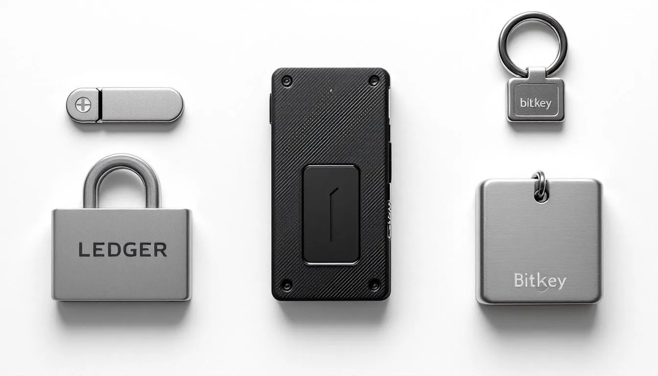 The image displays various hardware crypto wallets and security devices arranged on a white background, showcasing options for secure storage of digital assets. These devices represent some of the best crypto wallets available, emphasizing maximum security for private keys against online threats.