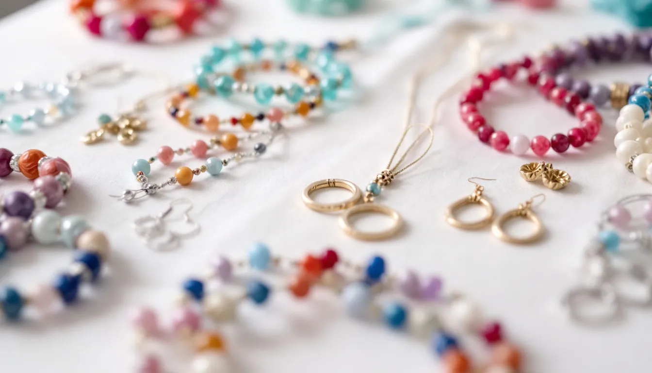 In the image, a variety of popular beaded jewelry projects are displayed, showcasing colorful charm bracelets, necklaces, and earrings made from crystal beads, pearl beads, and seed beads. The vibrant assortment highlights excellent quality materials and creative designs, making it a great inspiration for jewellery making.