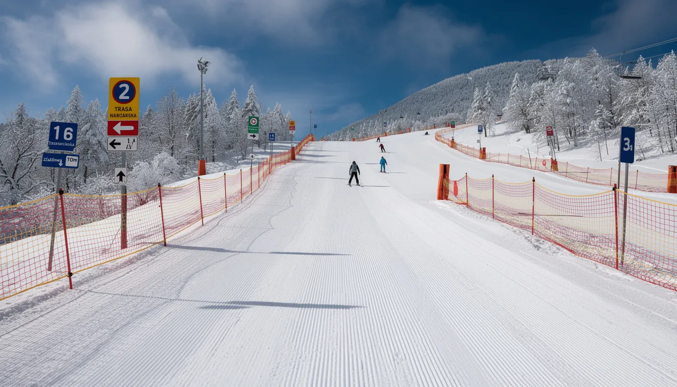 Na obrazie widoczny jest profesjonalnie przygotowany stok narciarski z oznakowaną trasą zjazdową, siatkami ochronnymi oraz narciarzami zjeżdżającymi po czerwonej trasie. W tle można dostrzec góry oraz ośrodek narciarski, co podkreśla atrakcyjność tego miejsca dla miłośników sportów zimowych.