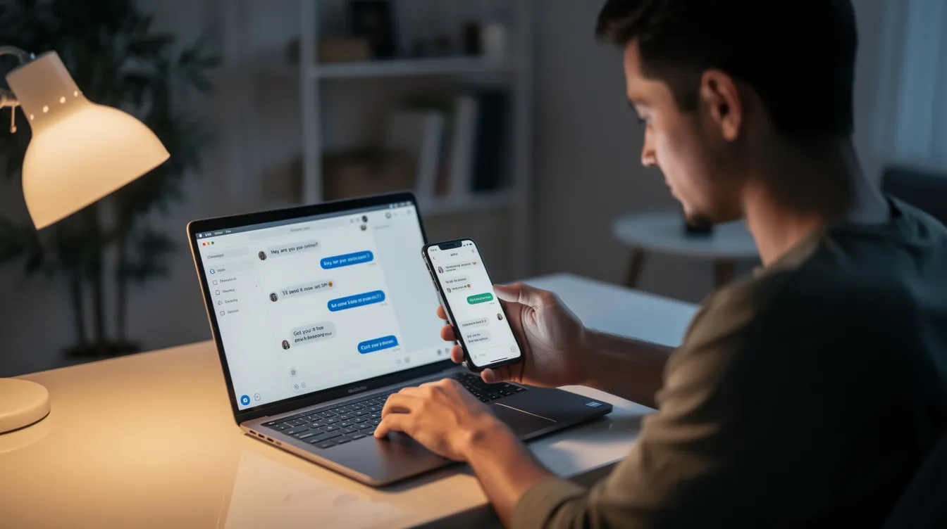 A person is using a smartphone and a laptop simultaneously, engaging in messaging across multiple platforms, likely utilizing popular messaging apps like Facebook Messenger for group chats and video calls. The scene illustrates the convenience of staying connected with friends and family through both mobile and desktop devices.