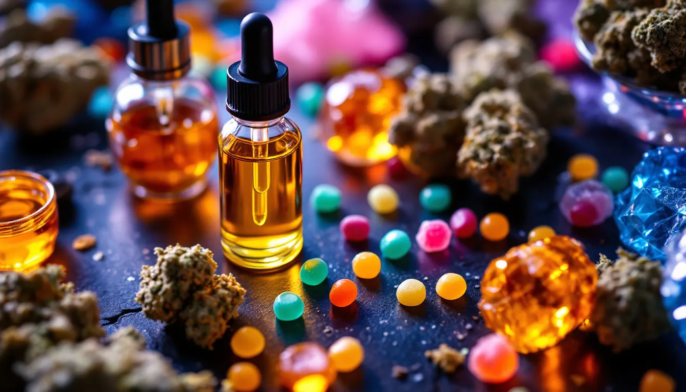 A selection of cannabis products, including oils and edibles, emphasizing the importance of terpene profiles in choosing cannabis products.