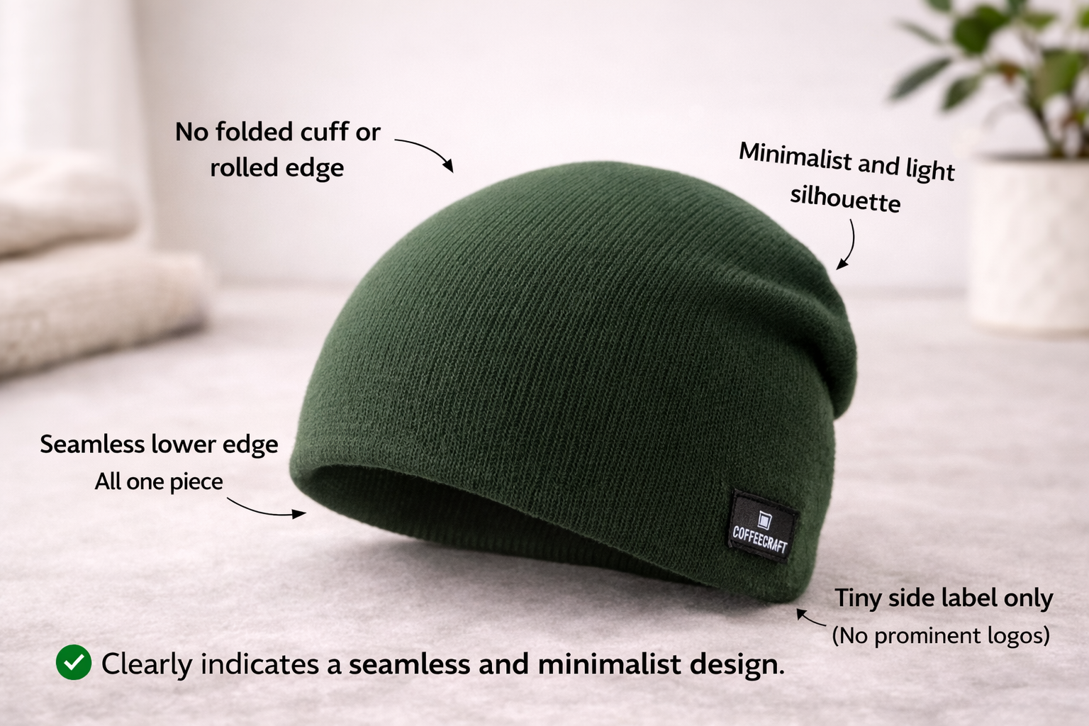 Cuffless Beanie with a Stitched Tag