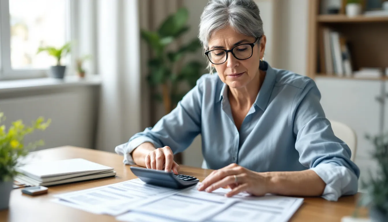A person is sitting at a desk, using a calculator while reviewing their retirement account statements, which include details about their pre-tax and Roth contributions. They appear focused, possibly analyzing how their investment earnings will affect their taxable income and future tax savings.