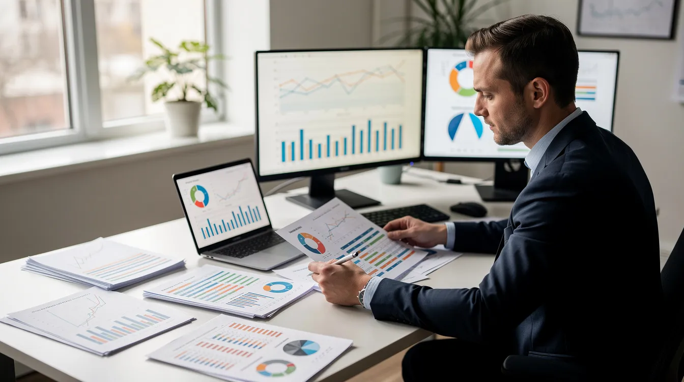 A professional is seated at a modern office desk, meticulously reviewing detailed financial documents and spreadsheets related to the casein manufacturing plant project report. The scene conveys a focus on qualitative and quantitative aspects of the global casein market, highlighting the importance of comprehensive market intelligence and project economics in the casein industry.