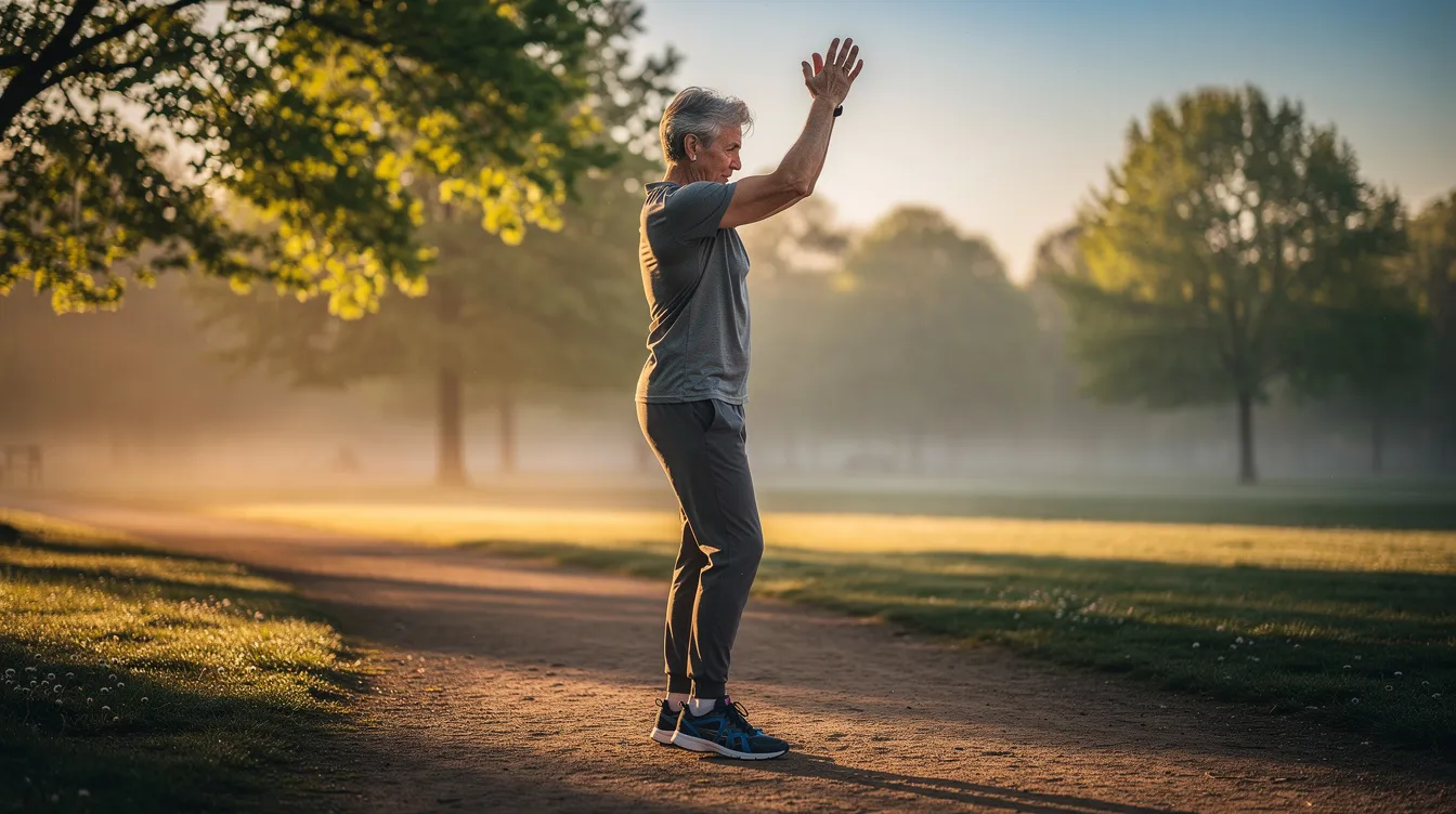 A middle-aged person is seen stretching and preparing for outdoor exercise in the soft morning light, embodying a commitment to promote healthy aging and overall health. This scene reflects the importance of lifestyle changes in managing chronic inflammation and preventing conditions like heart disease and diabetes.