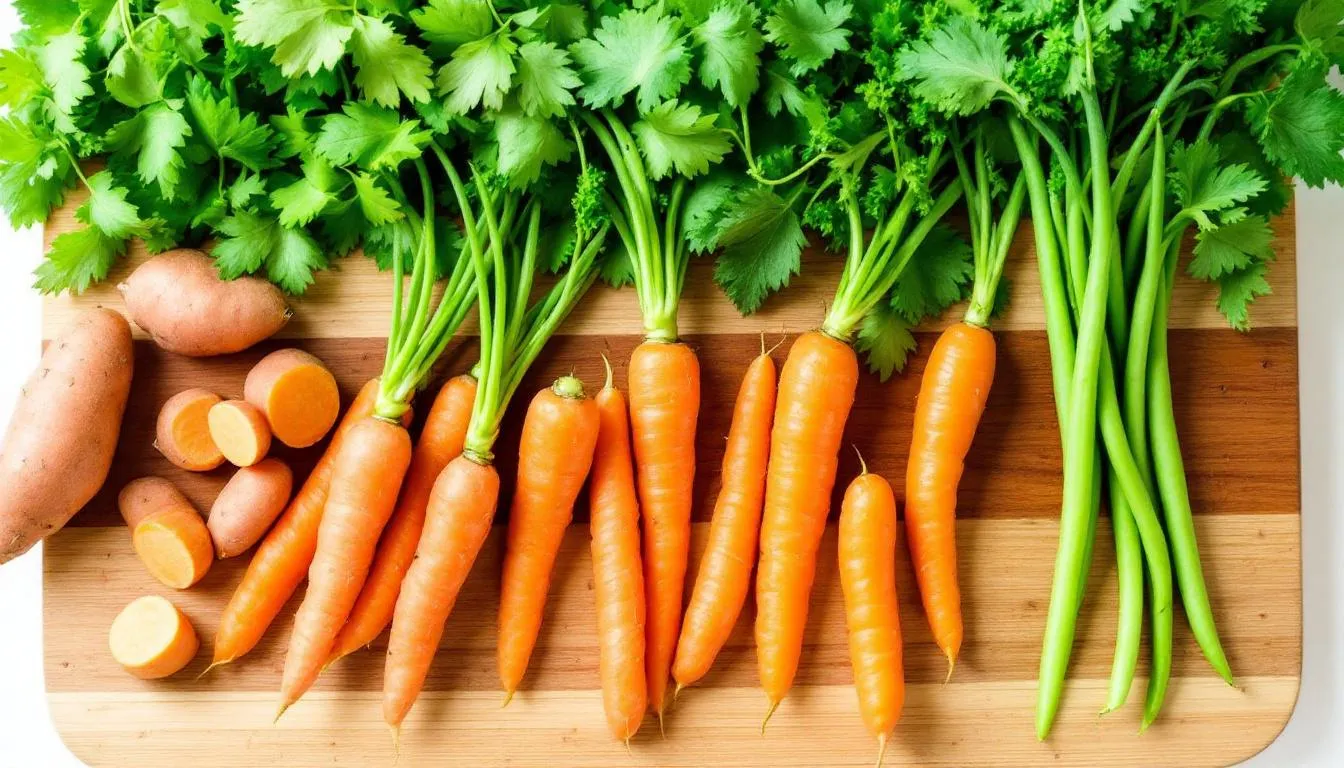 An assortment of dog-safe vegetables, including vibrant orange sweet potatoes, crunchy carrots, and fresh green beans, is beautifully arranged on a wooden cutting board, showcasing healthy treats that dogs can enjoy. These nutritious foods are a great addition to a dog