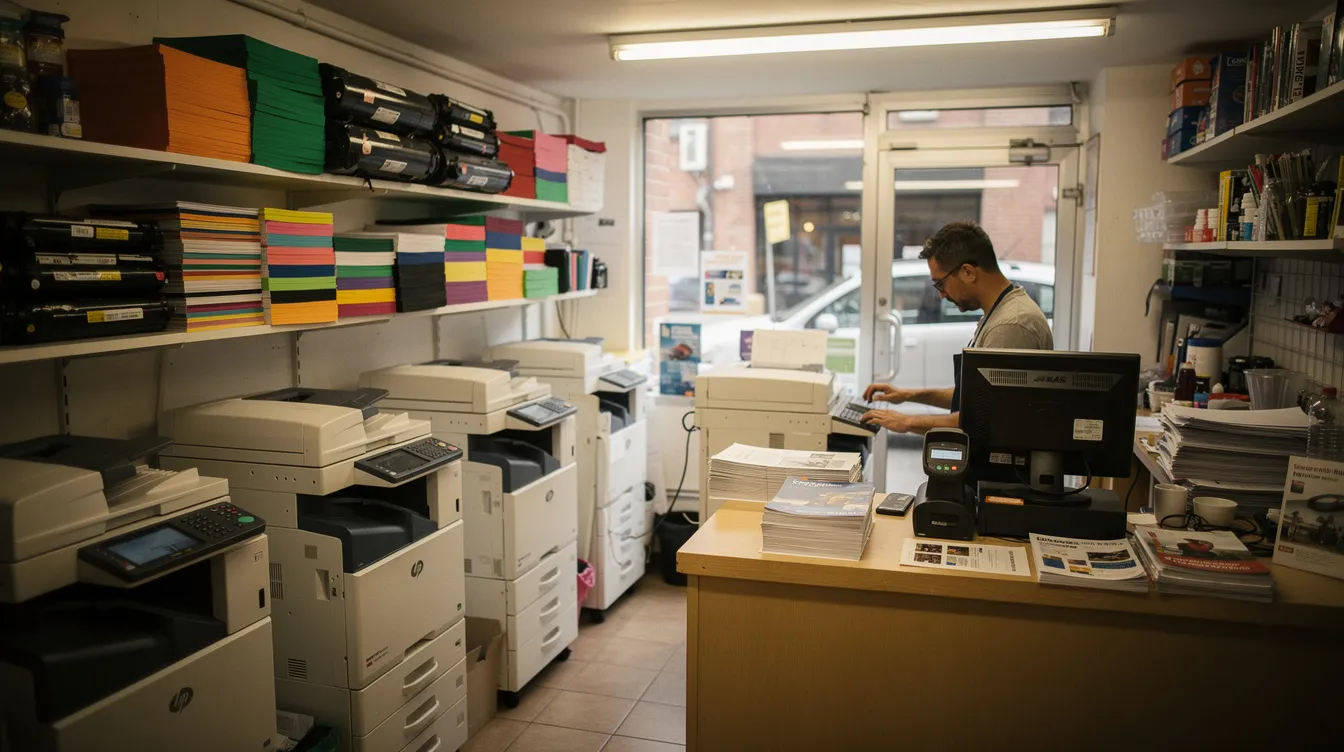 c3286bcd de5d 47df 9d42 1af2a44067d3 The image depicts a small printing shop featuring various photocopiers and a person working diligently behind the counter. This setting reflects a micro enterprise that may benefit from financial assistance through schemes like the Pradhan Mantri Mudra Yojana, aimed at supporting small businesses and enhancing their cash flow.