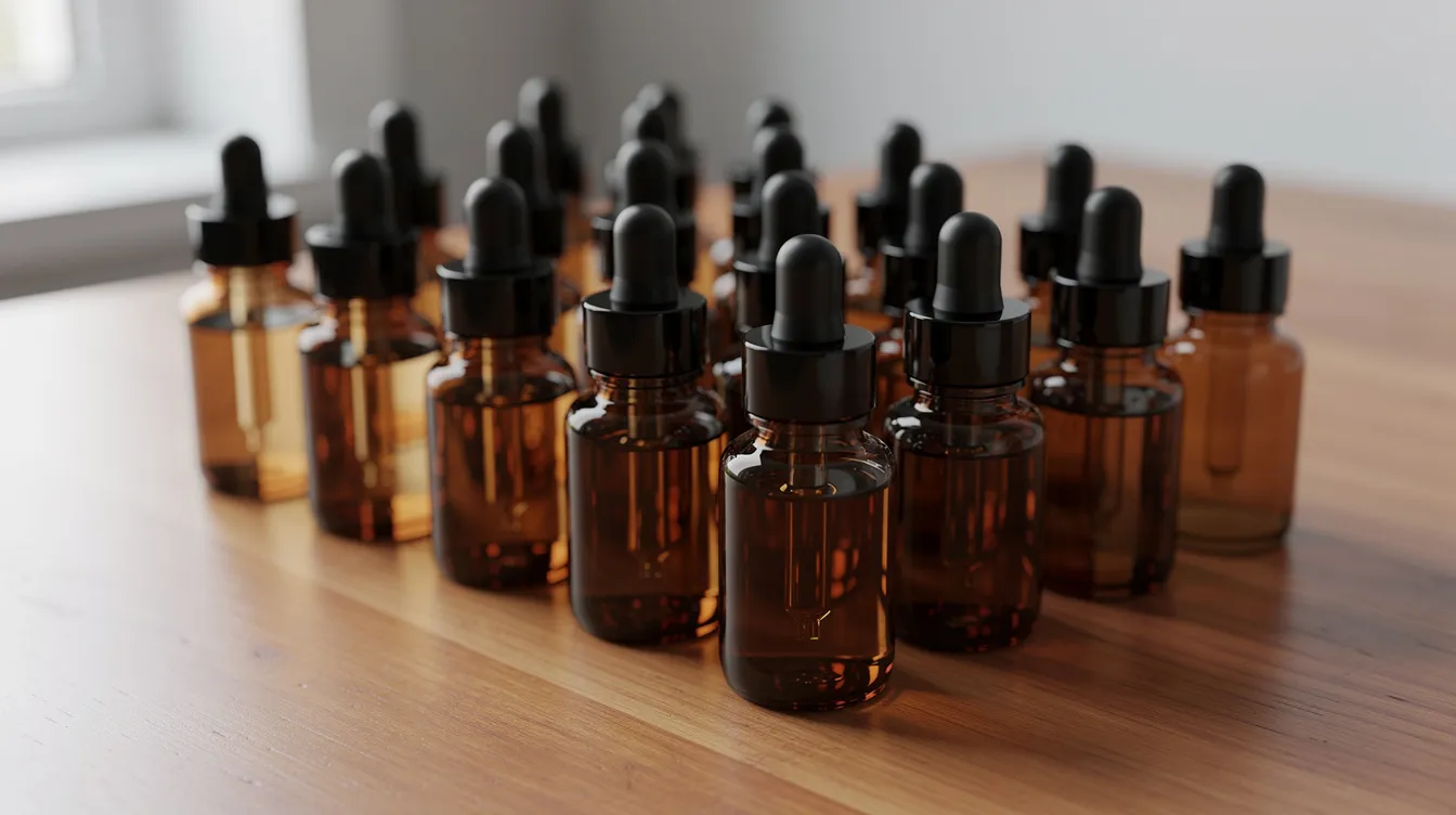 The image features several glass tincture bottles with droppers, neatly arranged on a wooden surface, suggesting a focus on hemp-derived products. This setup highlights the growing interest in legal hemp products, including smokable hemp flower and tinctures, amidst the evolving legal landscape of cannabis in Indiana.