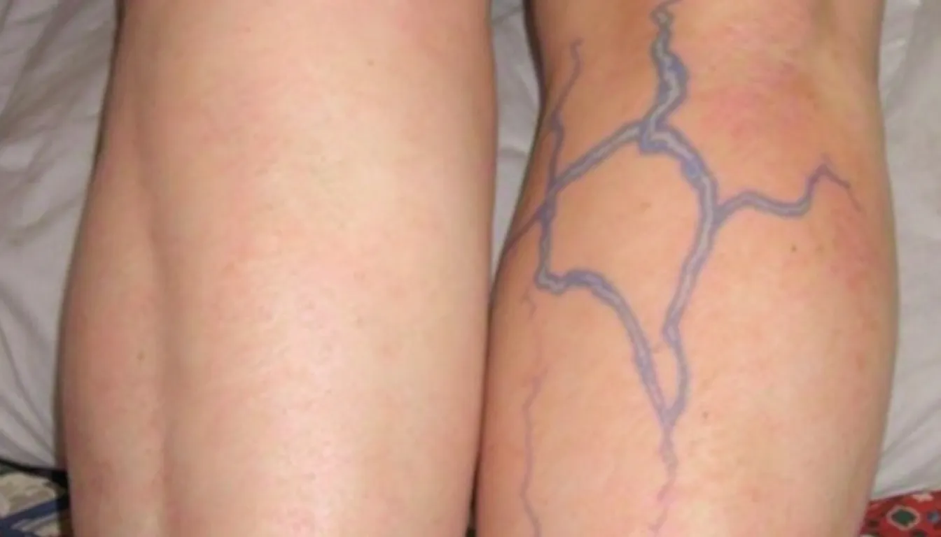 In the image, a comparison illustrates the differences between deep vein thrombosis (DVT) and varicose veins. DVT may show no visible signs on the skin, with only subtle swelling or color changes, while varicose veins are prominently visible as bulging, twisted veins that appear blue or purple due to damaged vein valves.