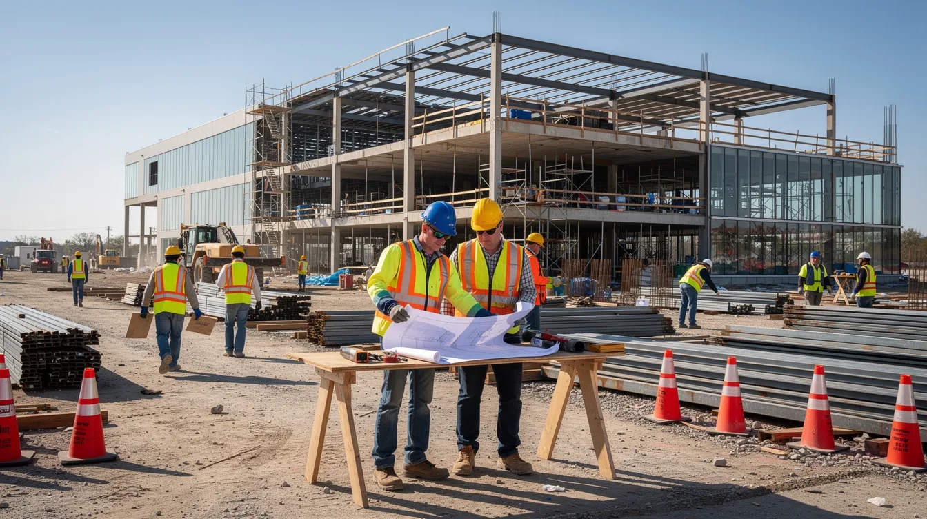 A group of construction workers wearing hard hats and safety vests is actively engaged at a commercial building construction site, showcasing the teamwork essential in the construction industry. They are focused on their tasks, emphasizing the importance of efficiency and safety in managing project timelines and costs.