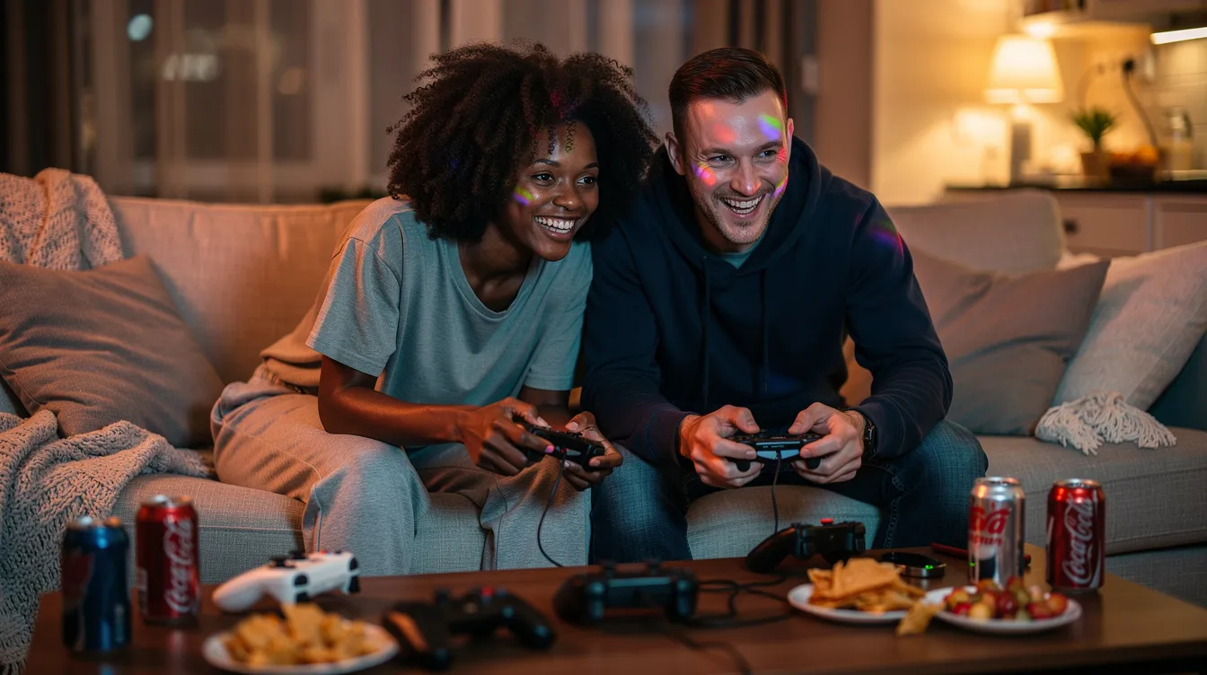 A mixed-race couple is enjoying a fun gaming session on their couch, surrounded by snacks and laughter, showcasing their shared interests and meaningful connection. This cozy scene reflects the joy of spending time together, reminiscent of the casual dating experiences found on popular dating apps.