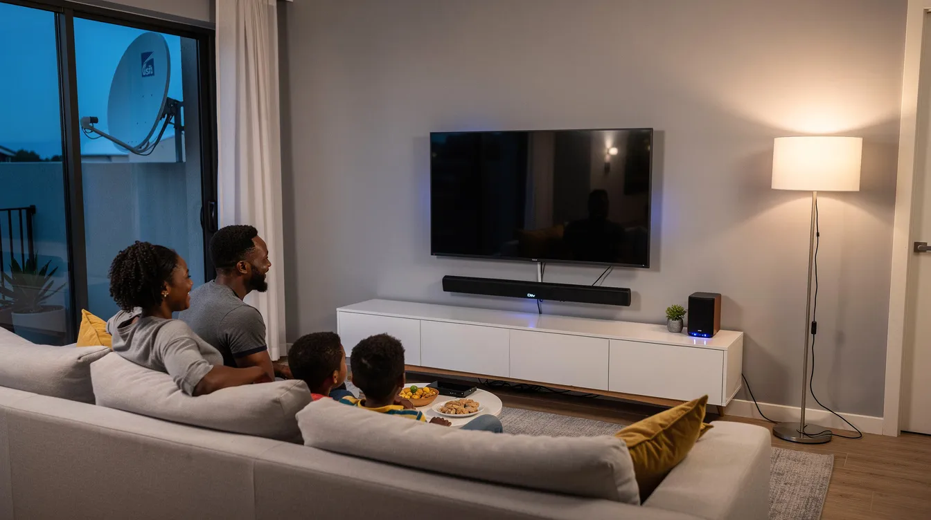 A modern home entertainment setup featuring a DStv decoder and a satellite dish visible through the window, with a family happily enjoying their television experience. The scene highlights the importance of professional DStv installation for optimal signal quality and access to various channels.