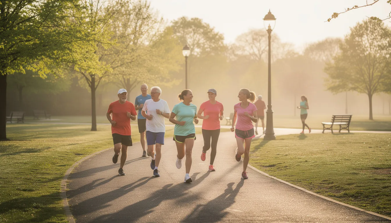 A group of middle-aged adults is jogging together on a park trail, illuminated by the soft morning light, promoting healthy aging and physical performance. This scene reflects the importance of maintaining cellular health and energy levels as part of an active lifestyle, echoing themes from recent human clinical trials on aging and cellular rejuvenation.
