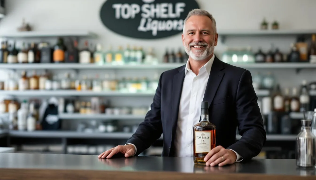 A confident liquor store owner stands proudly in front of their well-stocked store, symbolizing the success of liquor retailers. This image reflects the thriving liquor store business and the importance of effective business financing options for small business owners in the industry.