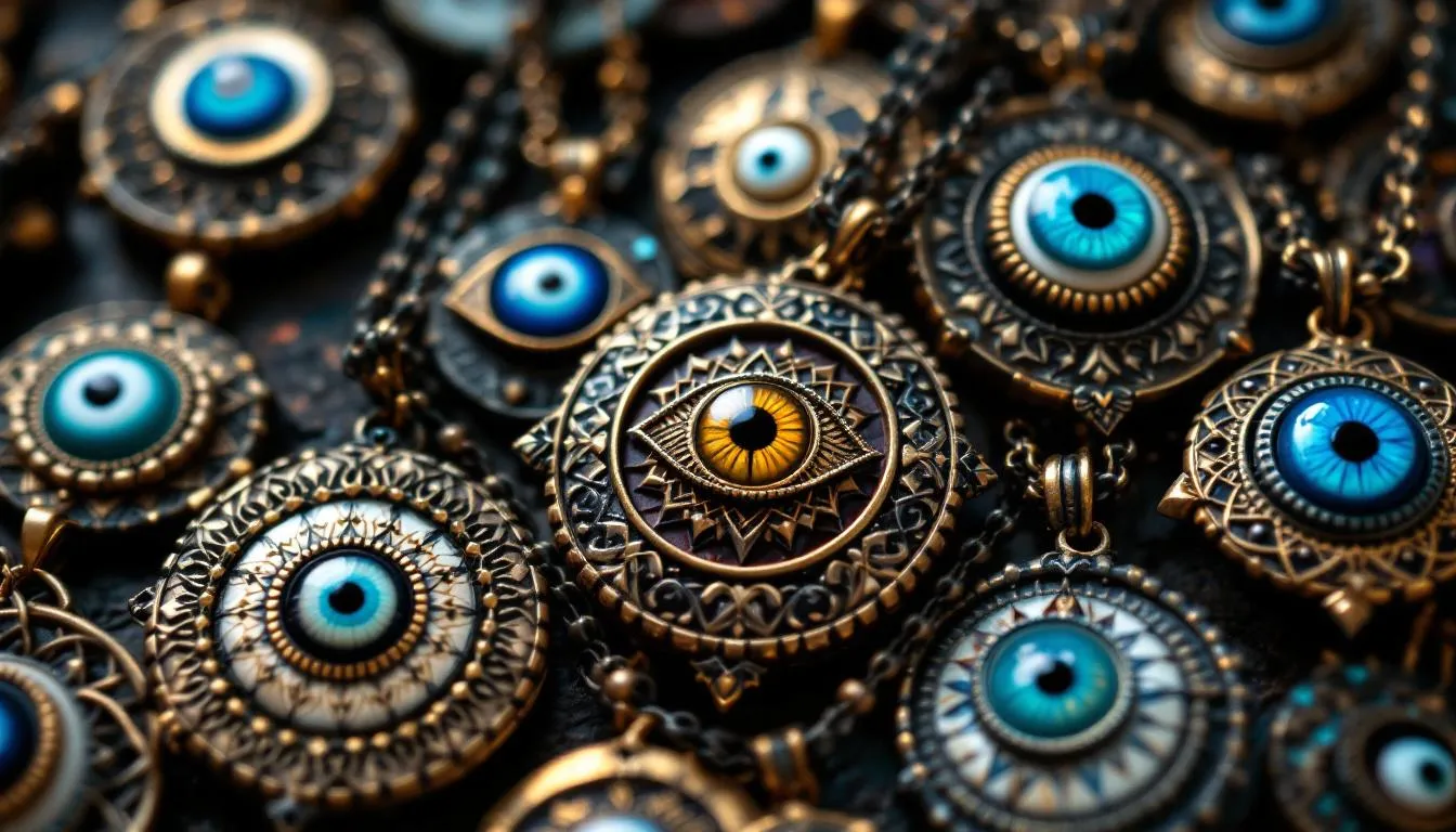Layered evil eye necklaces creating a fashionable look.