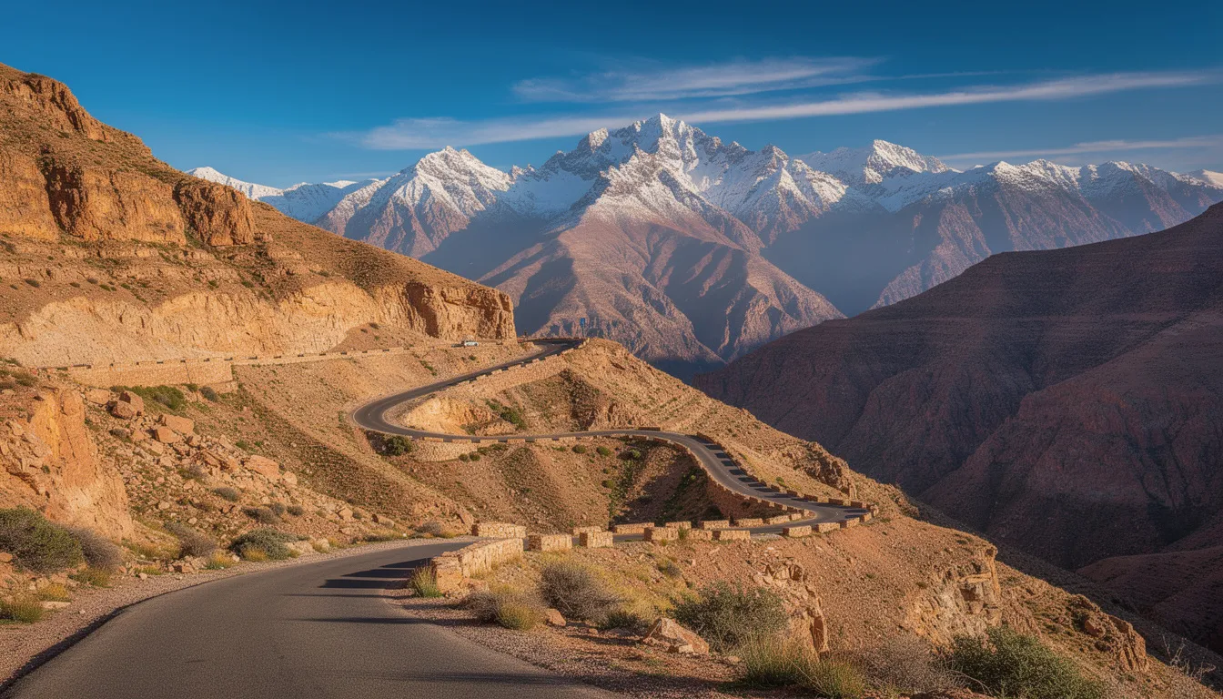 The image depicts a winding mountain road snaking through the High Atlas mountains, with majestic snow-capped peaks visible in the distance. This stunning landscape showcases the natural beauty of Morocco, inviting travelers to explore the diverse scenery and local culture on their adventures.