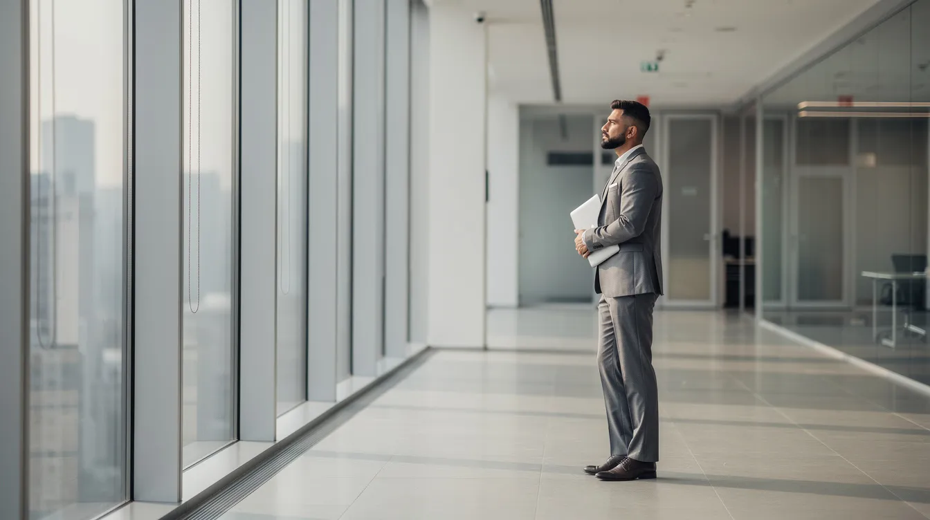 Un professionnel se tient seul dans un vaste couloir de bureau moderne, regardant pensivement à travers une fenêtre en verre. Cette scène évoque des réflexions sur la confiance en soi et les mécanismes d'auto-sabotage qui peuvent freiner la réussite et le développement personnel.