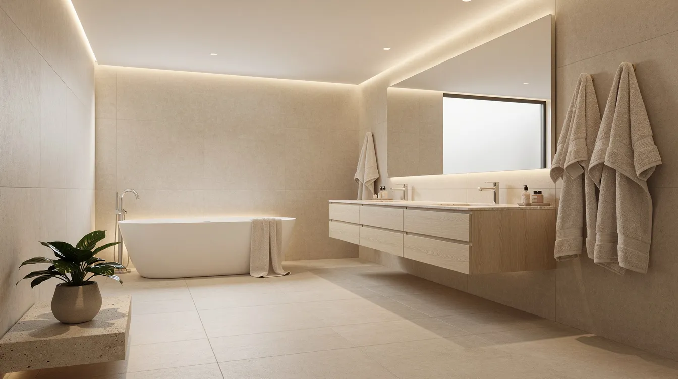 Das Bild zeigt ein spa-artiges Badezimmer im Japandi-Stil, ausgestattet mit einem hellen Holzwaschtisch, sandfarbenen Fliesen und einer eleganten freistehenden Badewanne. Auf einem Steinregal befinden sich Leinen-Handtücher und eine kleine Pflanze, die der Einrichtung eine natürliche und ruhige Atmosphäre verleiht.