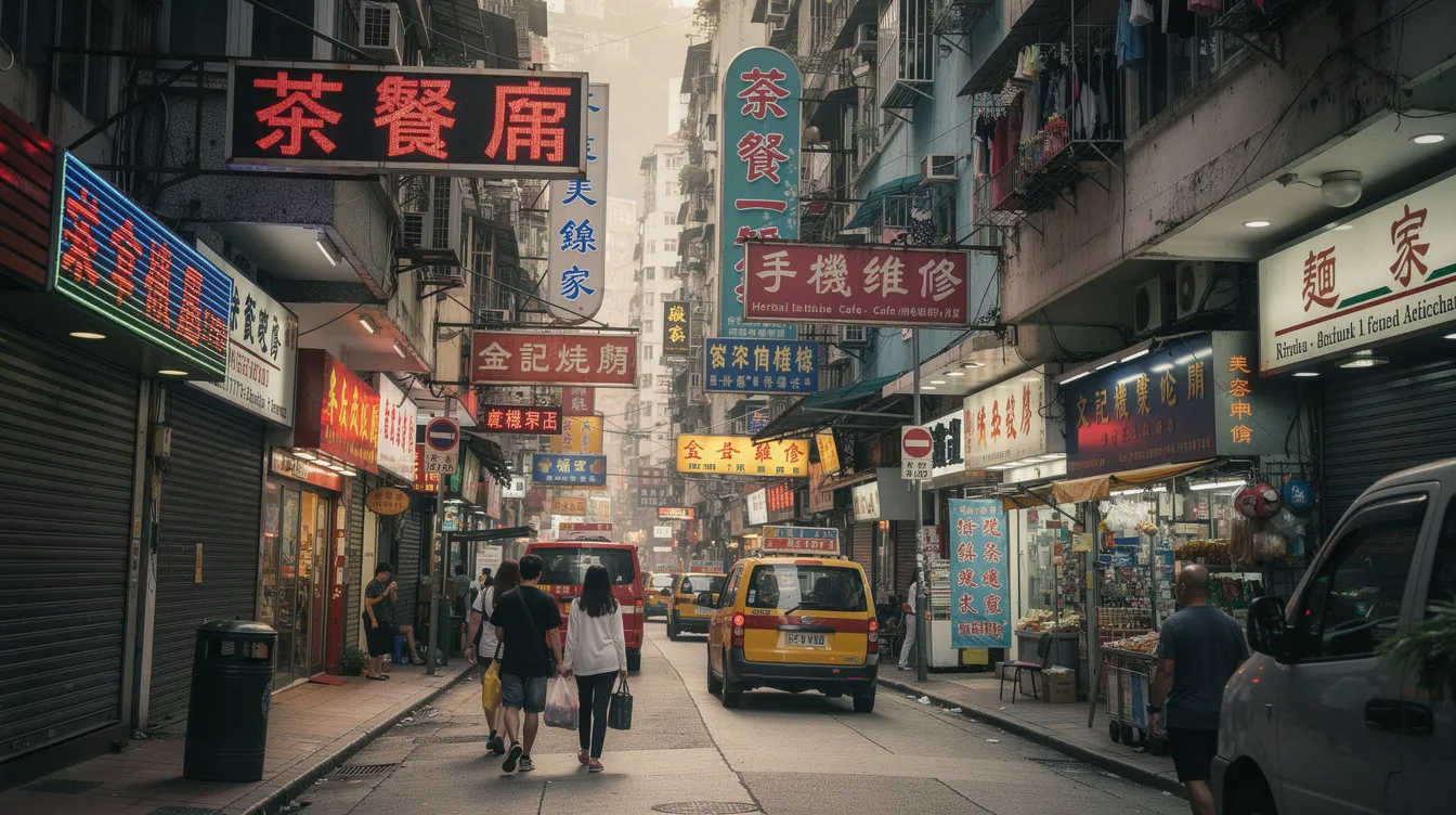 The image depicts a bustling commercial street in Hong Kong filled with small and medium-sized enterprise (SME) shops, showcasing vibrant signage and storefronts. This lively scene highlights the importance of local businesses and the various government funding programs available to support Hong Kong's SMEs.