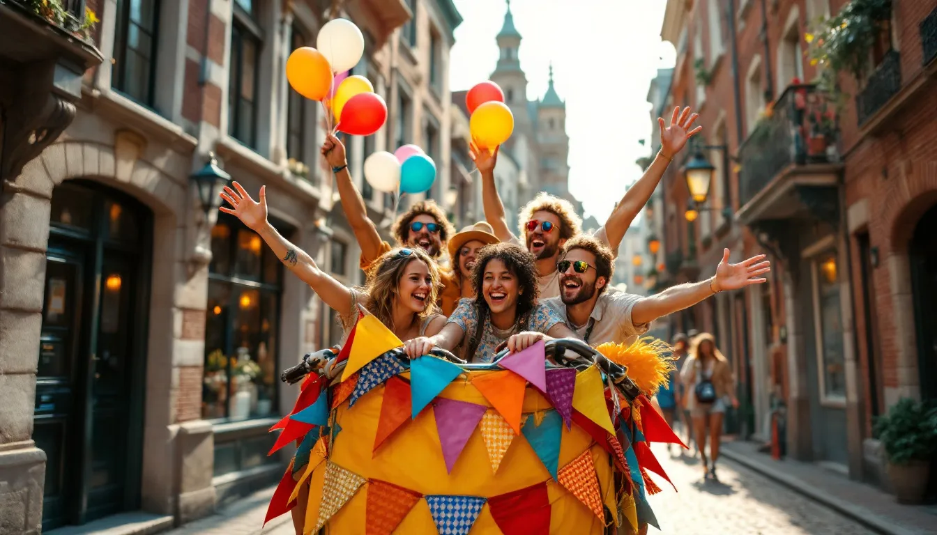 A group of friends joyfully rides a colorful beer bike through the cobbled streets of Bratislava's old town, surrounded by historic buildings and lively bars. This scene captures the essence of a fun stag weekend in the Slovakian capital, perfect for creating unforgettable memories.