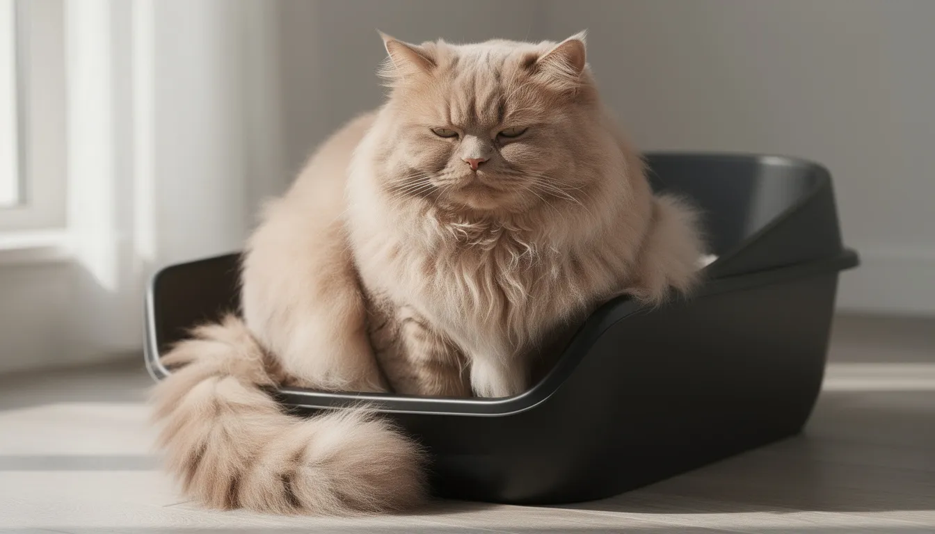 Een grote pluizige kat zit comfortabel in een ruime zwarte kattenbak, omringd door schone kattenbakvulling. De kattenbak biedt een hygiënische en rustige plek voor de kat om te ontspannen en te genieten van zijn omgeving.