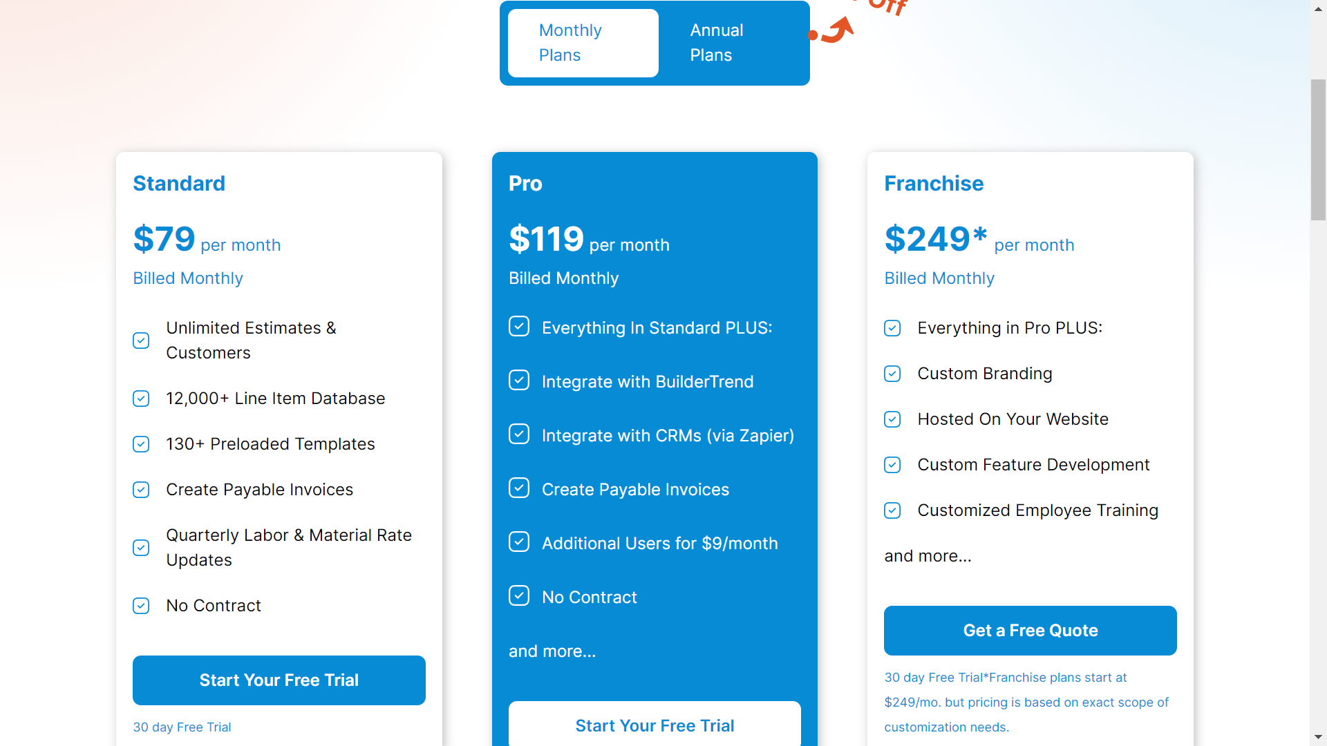 Clear Estimate's pricing page screenshot as of 2023
