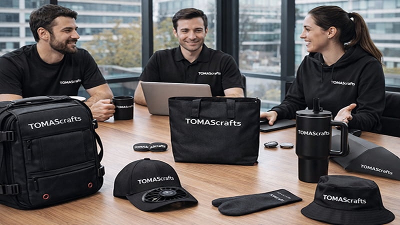 Branded corporate gifts used by employees in an office meeting scene