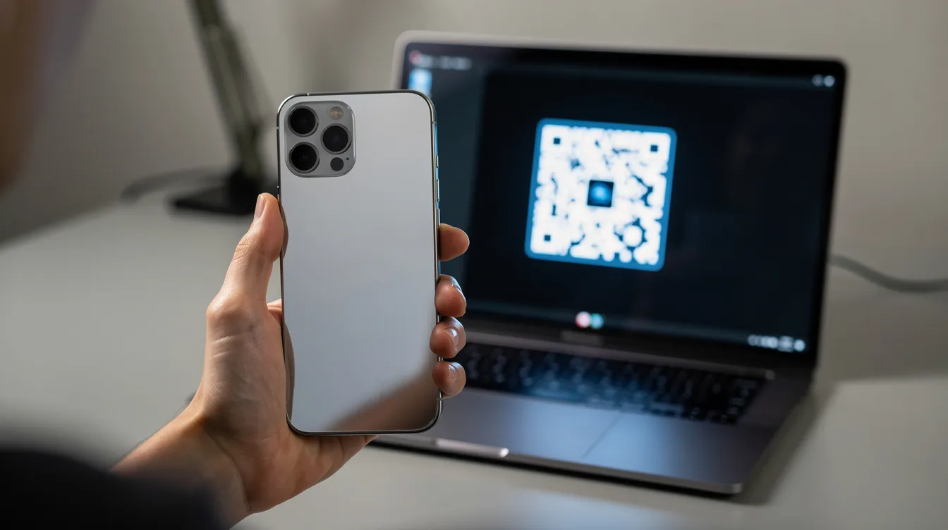 A person is holding a modern smartphone displaying a glowing QR code, with a laptop screen in the background also featuring the QR code. This image highlights the use of esim technology for mobile connectivity, suggesting a setup process for activating an esim or a pay as you go mobile plan.