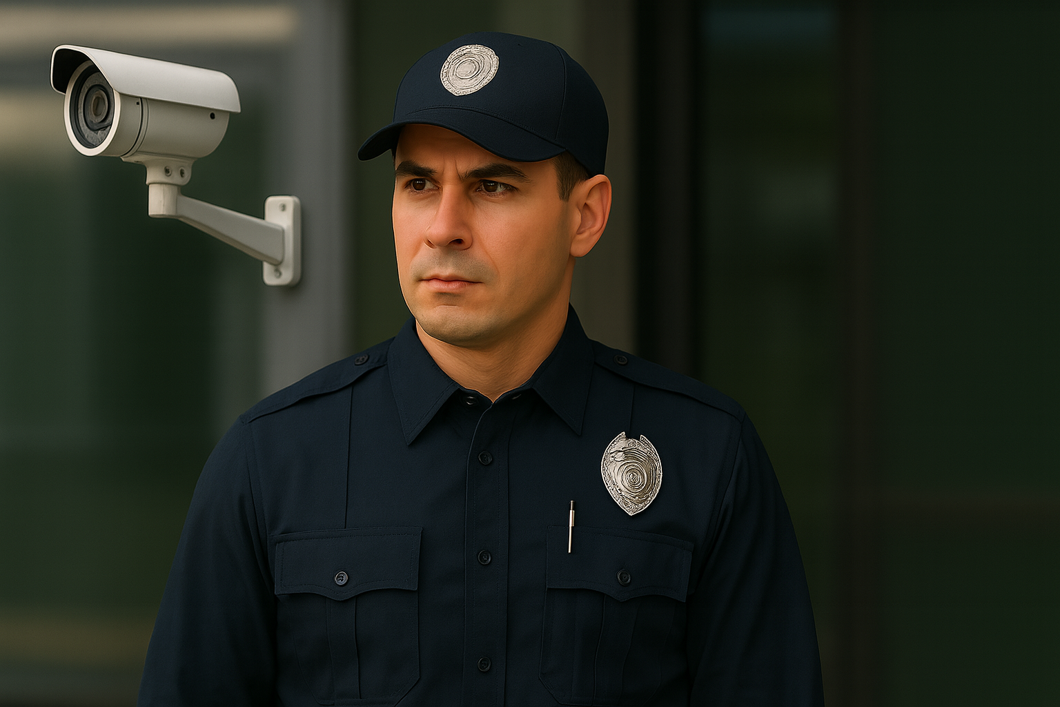 Modern security officer in navy uniform standing near a mounted surveillance camera, representing the multi-skilled role of monitoring, access control, and public safety in contemporary security services.