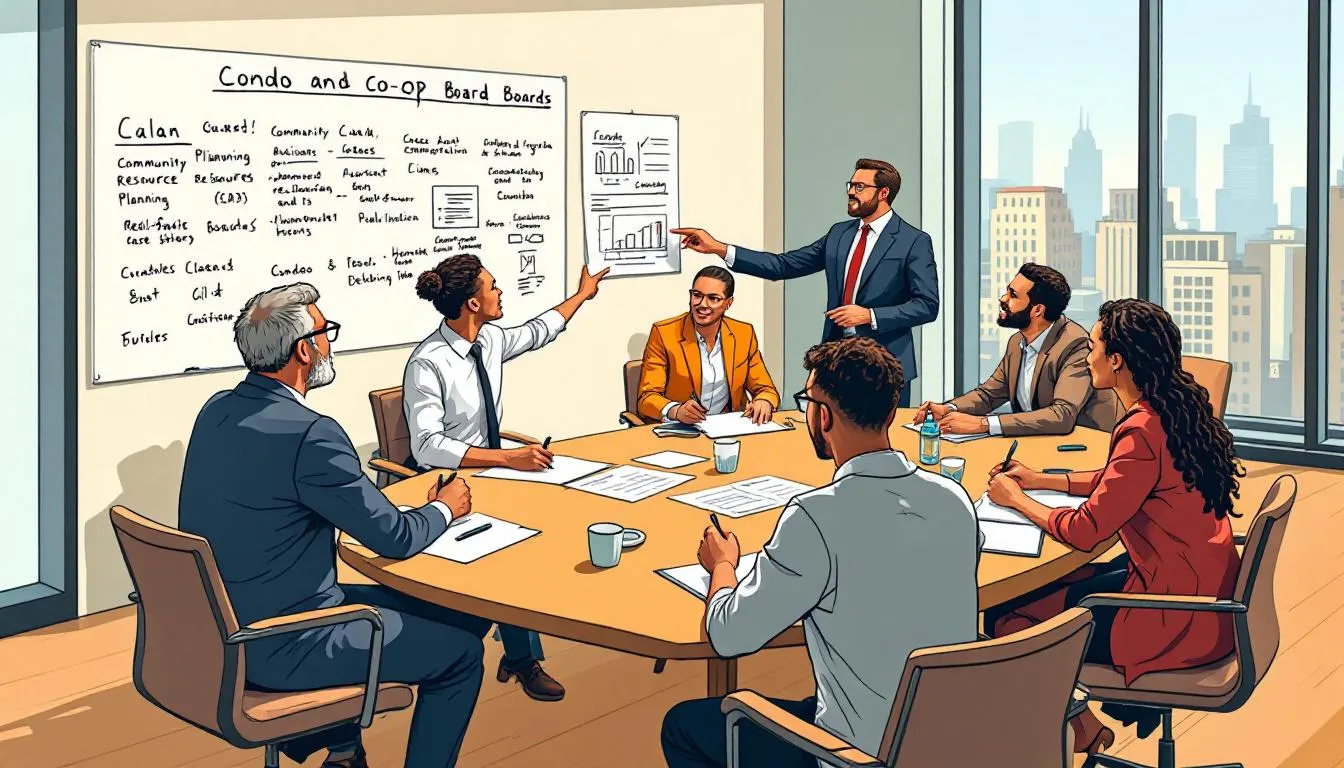 A diverse group of condo and co-op board members collaborating on community resources.