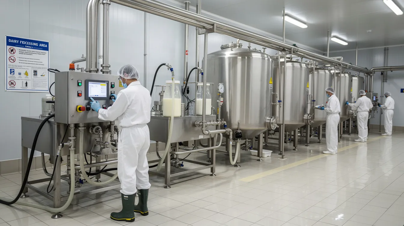 The image depicts dairy processing workers in white uniforms operating stainless steel equipment on a factory floor, showcasing the ghee manufacturing process in a modern ghee manufacturing plant. The scene highlights the meticulous work involved in the production of clarified butter, emphasizing the importance of quality control in the food processing industry.