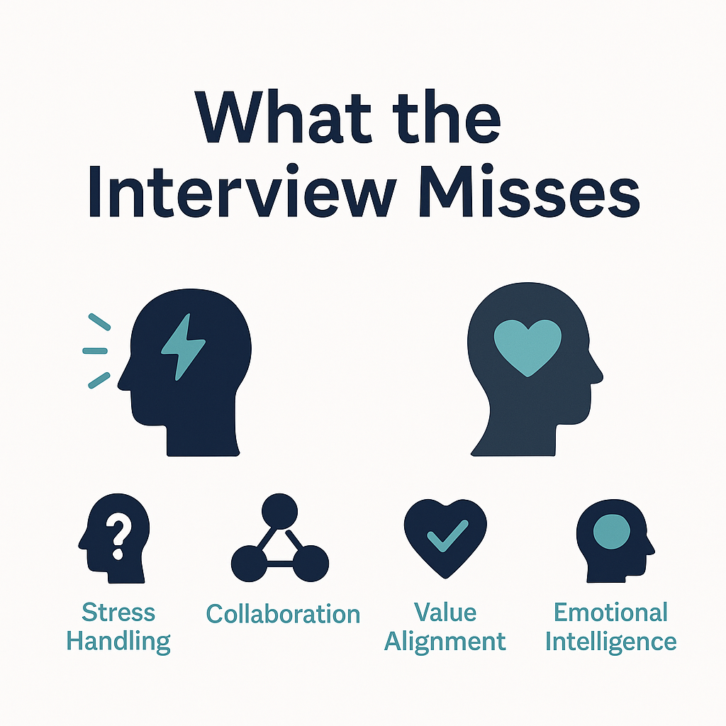 Infographic titled “What the Interview Misses” displaying four overlooked traits in hiring: Stress Handling, Collaboration, Value Alignment, and Emotional Intelligence. Each trait is paired with a minimalist icon in navy and teal on a clean, off-white background. The layout is balanced and professional, reflecting a modern HR-focused design.