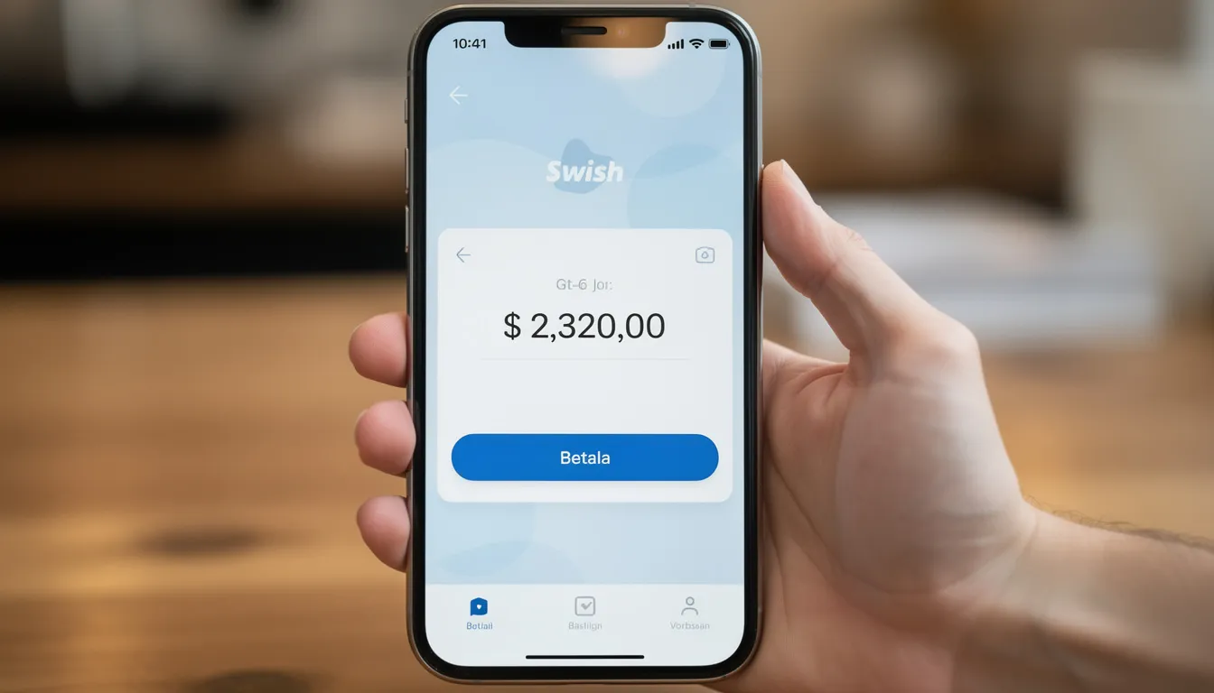 En hand håller en smartphone med en öppen betalapp som visar alternativ för insättningar och uttag via Swish eller Trustly. Appen är kopplad till ett online casino, där spelare hos x3000 kan ta del av bonusar och spela med bra odds.