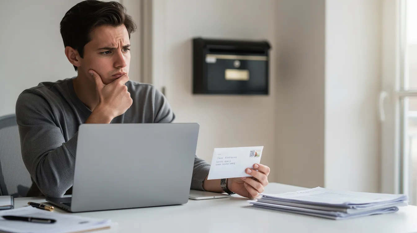 Eine Person sitzt an einem Schreibtisch mit einem Laptop und einem Briefumschlag, während im Hintergrund ein Briefkasten zu sehen ist. Diese Szene symbolisiert den Versand einer Kündigung, möglicherweise für die deutsche Fernsehlotterie, und zeigt den Prozess des Kündigungsschreibens.