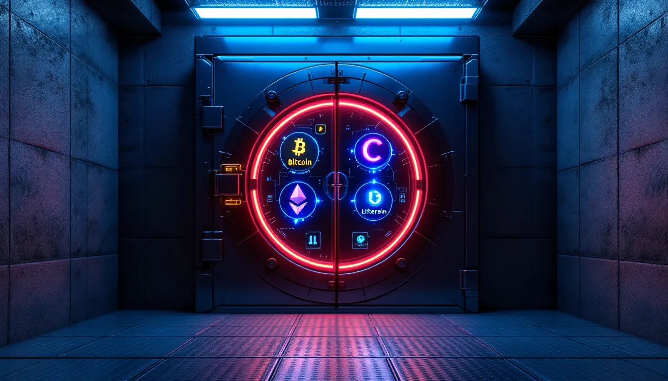 The image depicts a secure vault adorned with digital locks and various cryptocurrency symbols, representing the concept of a cryptocurrency wallet. This secure storage solution emphasizes the importance of protecting digital assets, such as private keys and crypto coins, in the evolving crypto space.