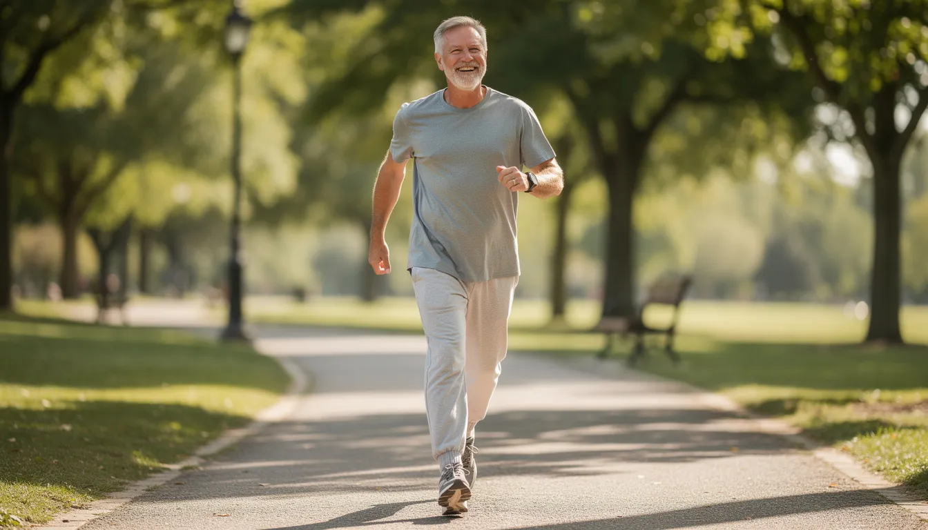 A middle-aged man is joyfully walking or jogging outdoors in comfortable athletic clothing, embodying a sense of well-being and physical health. Engaging in regular physical activity can support pelvic health and strengthen pelvic floor muscles, contributing to overall quality of life.