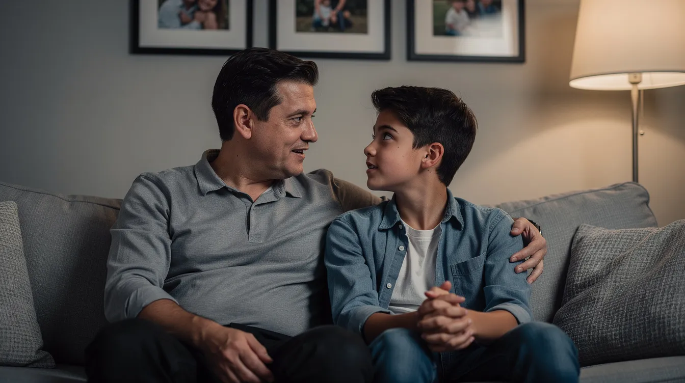 A parent and teenager are sitting on a cozy couch, engaged in a calm and supportive conversation that emphasizes emotional safety and connection, reflecting principles of trauma-informed care. This moment illustrates the importance of open communication in addressing mental health and promoting healing for trauma survivors.