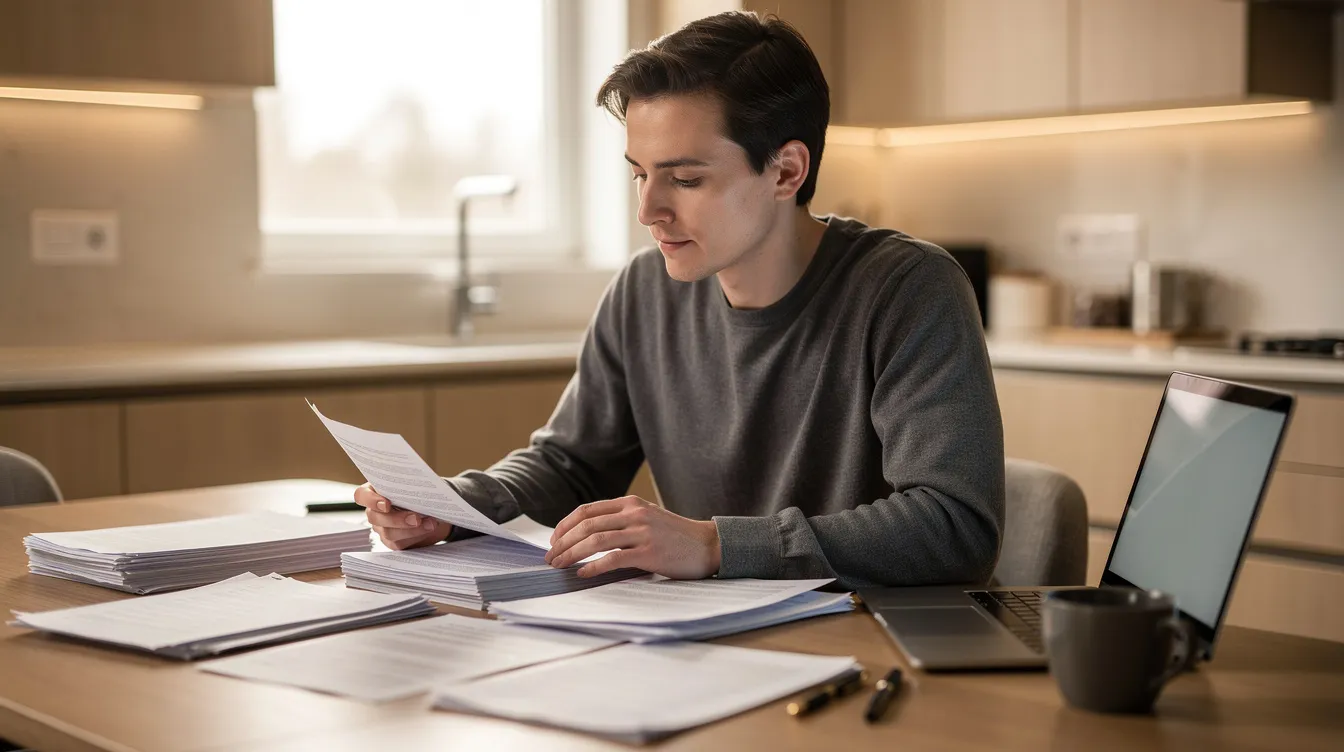 A person is seated at a kitchen table, intently reviewing paperwork and documents related to flood insurance, with a laptop open beside them, highlighting the importance of understanding the national flood insurance program and the need to purchase flood insurance, especially in high-risk flood areas.