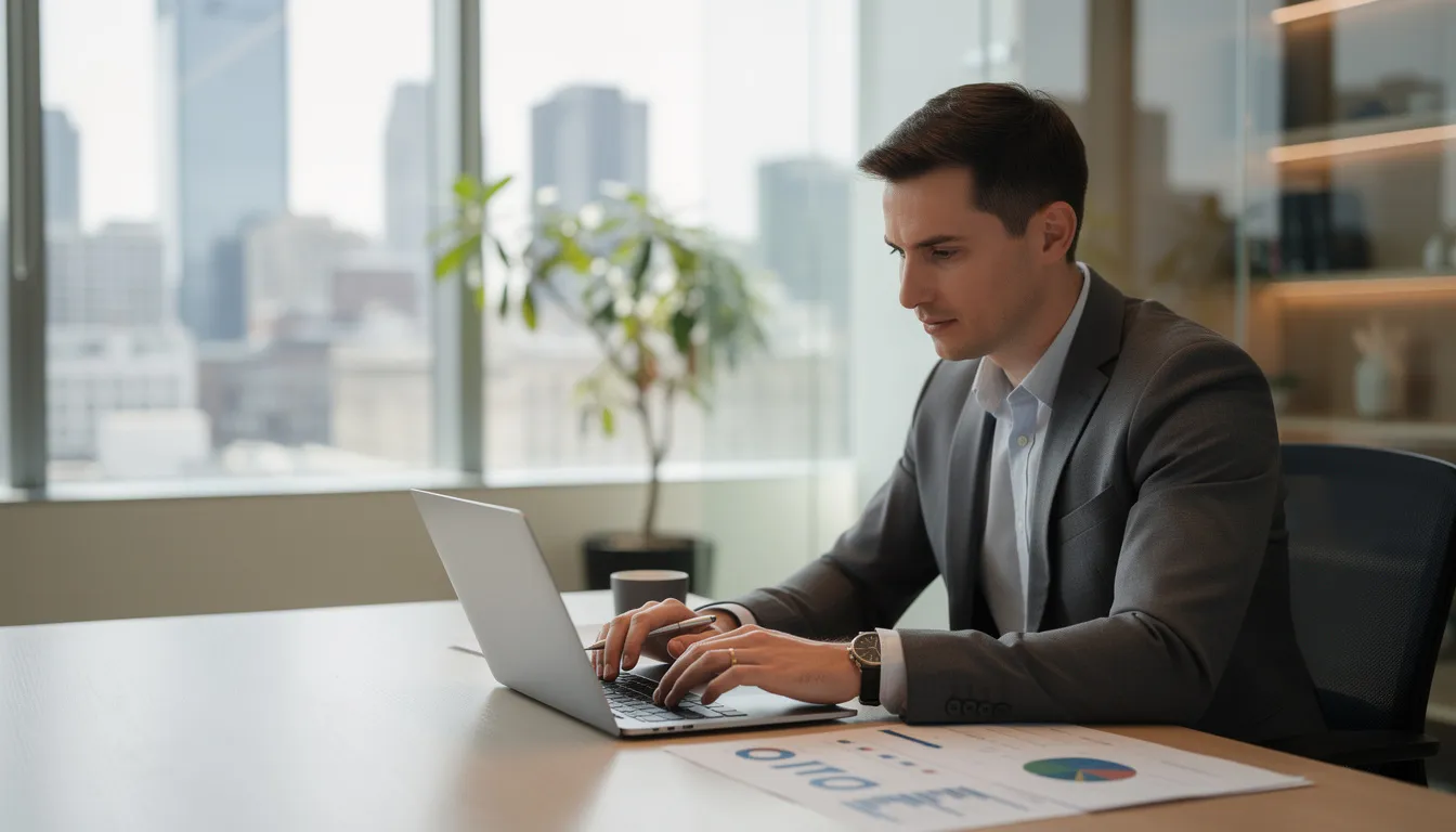 Un propietario de negocio revisa informes en su laptop dentro de un moderno espacio de oficina, rodeado de elementos tecnológicos que reflejan la integración de inteligencia artificial y software para la gestión eficiente de su empresa. La escena sugiere un enfoque en la automatización de tareas administrativas y el análisis predictivo para mejorar la atención a sus clientes.