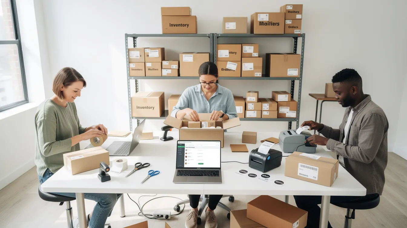 A small team is seen efficiently packing ecommerce orders in a bright studio, surrounded by boxes and packing materials, showcasing the hustle of an online store operation. This vibrant workspace reflects the energy of selling products online, emphasizing the importance of effective inventory management and customer satisfaction in an ecommerce website.