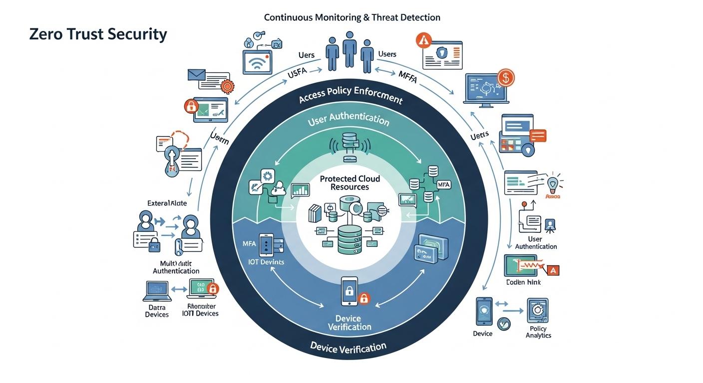 Zero Trust security framework visualizing multiple verification layers between users and protected cloud resources, applications, and data.