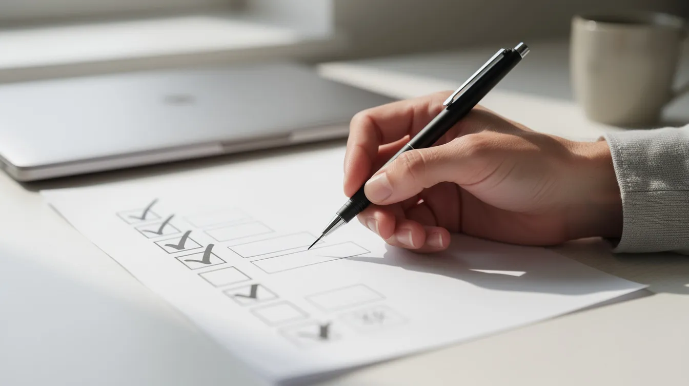 A person is seen checking off items on a paper checklist with a pen, indicating a methodical approach to task completion. This image reflects the importance of organization and attention to detail, skills that are essential for success in the CELPIP writing test and other structured assessments.