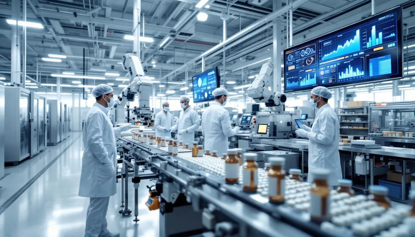 The image depicts a modern pharmaceutical manufacturing facility equipped with automated quality control systems and real-time monitoring displays, showcasing advanced technologies that enhance operational efficiency and data-driven decision making within the manufacturing industry. The facility illustrates the integration of smart manufacturing practices and data analytics to ensure high product quality and streamlined production processes.